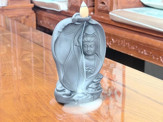 Ceramic Incense Burner, Waterfall Reflux Design, Aromatherapy Holder for Cones and Sticks, Dark Brown。 (XGY)