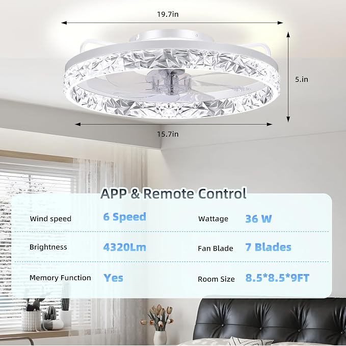 20'' Low Profile Ceiling Fan with Light and Remote, Diamond White | Flush Mount 7-Blade Fandelier with App Control, 3CCT Dimmable, Reversible DC Motor, 6 Speeds Ceiling Fan for Bedroom