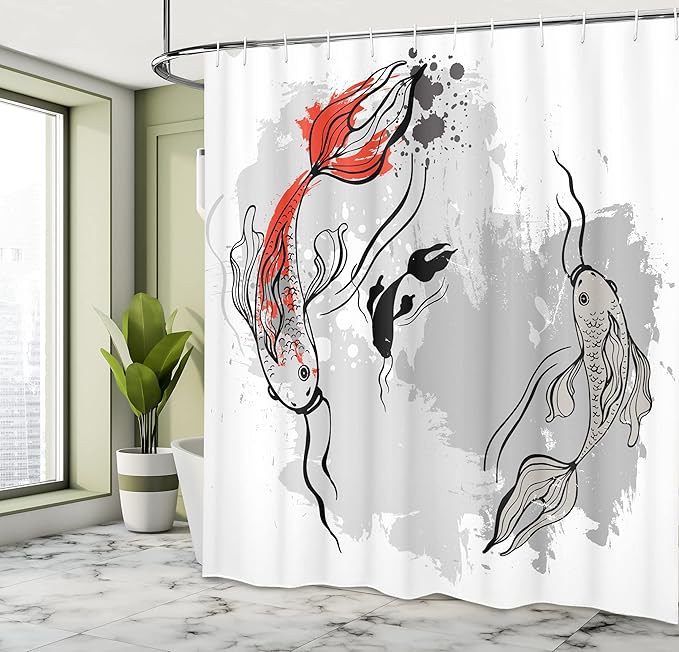 Ambesonne Japanese Shower Curtain, Japanese Style Aesthetic Digital Motley Koi Fish Marine Underwater Theme Print, Cloth Fabric Bathroom Decor Set with Hooks, 69" W x 75" L, Orange Grey