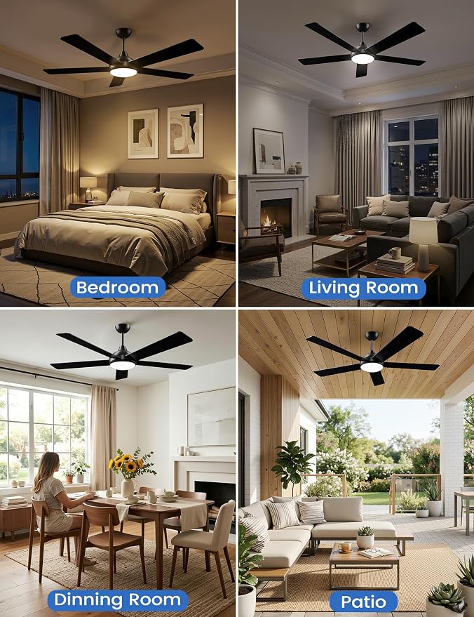 60 Inch Ceiling Fans with Lights and Remote/App Control: Black Ceiling Fan with Light, Quiet Reversible DC Motor, Dimmable Tri-Color LED, Modern Ceiling Fan for Bedroom/Patio, Indoor/Outdoor