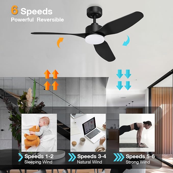 Hoenofly 48” Smart Ceiling Fans with LED Lights Remote,Quiet DC Motor,Dimmable,Outdoor Indoor Modern Ceiling Fan Controlled by WIFI Alexa App,3 Black Blades for Bedroom Living Room Patio Porch