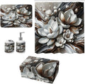 Ambesonne Brown Bathroom Decor Set 4 Pcs Including Shower Curtain with Hooks Bath Mat Soap Dispenser Toothbrush Holder in Box Essentials & Accessories, Magnolia Watercolor, White Dark Grey Chocolate