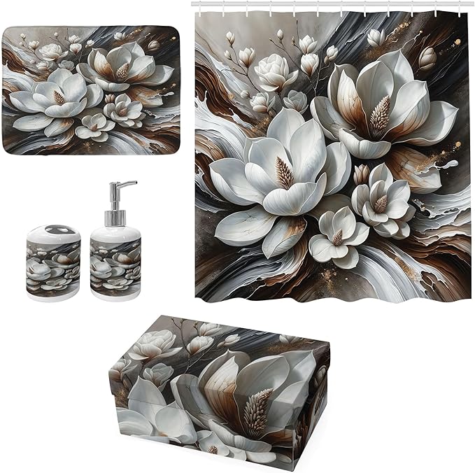 Ambesonne Brown Bathroom Decor Set 4 Pcs Including Shower Curtain with Hooks Bath Mat Soap Dispenser Toothbrush Holder in Box Essentials & Accessories, Magnolia Watercolor, White Dark Grey Chocolate