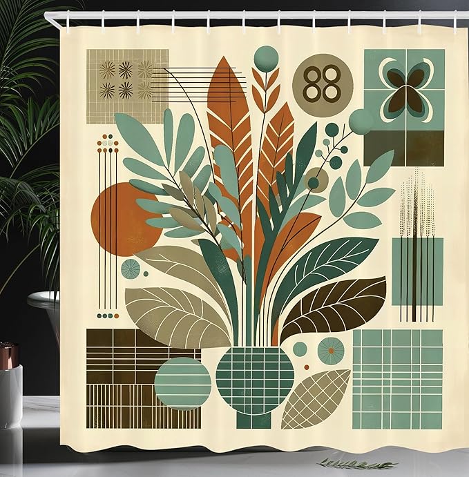 Ambesonne Mid Century Modern Shower Curtain, Abstract Retro Exotic Leaves Arrange in Vase with Lines, Cloth Fabric Bathroom Decor Set with Hooks, 69" W x 70" L, Beige Sage Green and Amber