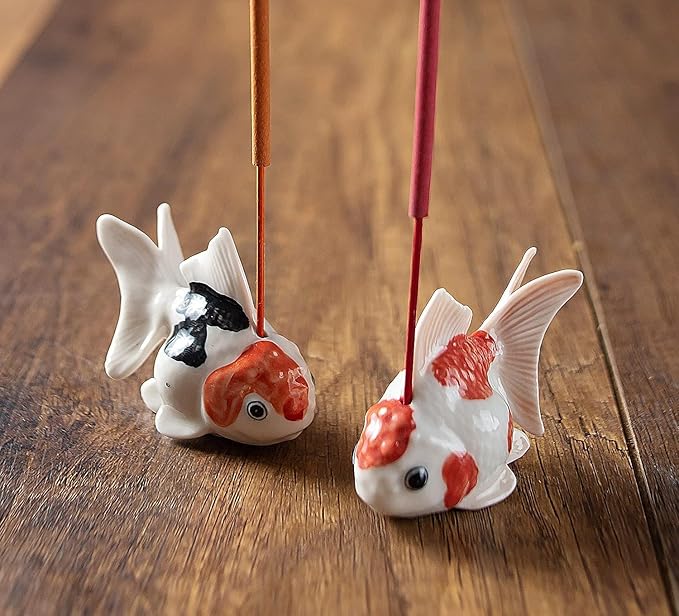 WitnyStore Tiny 2½" White Orange Oranda Goldfish Incense Holder Figurine - Miniature Hand Made Ceramic Ryukin Fantail Gold Fish Aquarium Animal Cute Porcelain Decorative Collectible Figure Décor Gifts