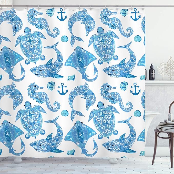 Ambesonne Anchor Shower Curtain, Pattern with Turtle Dolphin Sea Horse Mollusk Shark Fauna Exotic Tropical Aquatic, Cloth Fabric Bathroom Decor Set with Hooks, 69" W x 70" L, Sky Blue