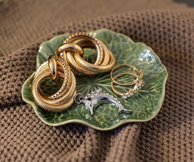 Tiny 4" Green Lotus Leaf Shaped Tray - Handmade Ceramic Porcelain Decorative Plate Dish Catchall Miniature Container for Jewelry Personal Items Incense Holders Trays Décor Gifts