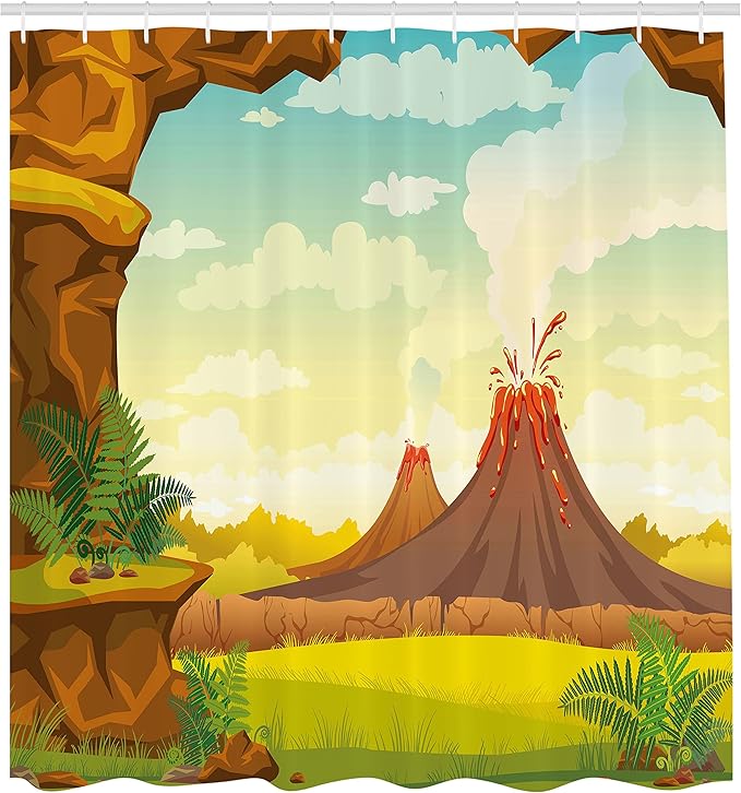 Ambesonne Volcano Shower Curtain, Prehistoric Landscape with Cave Smoky Volcanoes and Green Grass Cloudy Sky, Cloth Fabric Bathroom Decor Set with Hooks, 69" W x 70" L, Orange Green