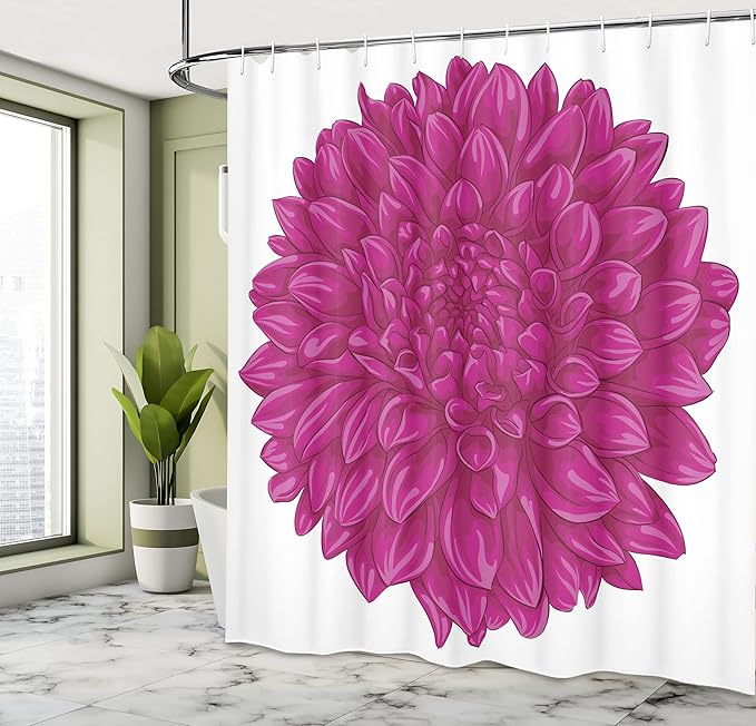 Ambesonne Dahlia Flower Shower Curtain, Big Large Flat Sparse Florets with Outward Pompons Vintage Style in Fuchsia Color, Cloth Fabric Bathroom Decor Set with Hooks, 69" W x 84" L, Pink