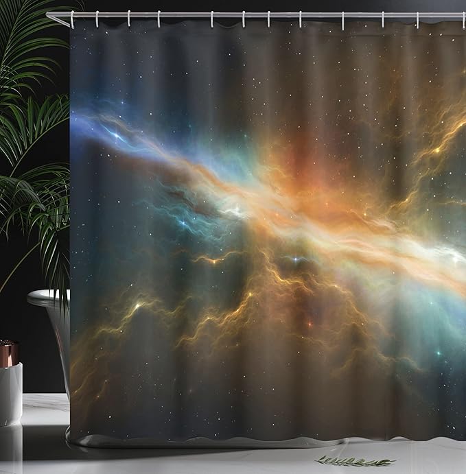Ambesonne Outer Space Shower Curtain, Astronomy Celestial Meteorite Supernova Themed Dark Mysterious Galactic Lovers Picture, Cloth Fabric Bathroom Decor Set with Hooks, 69" W x 75" L, Marigold Blue