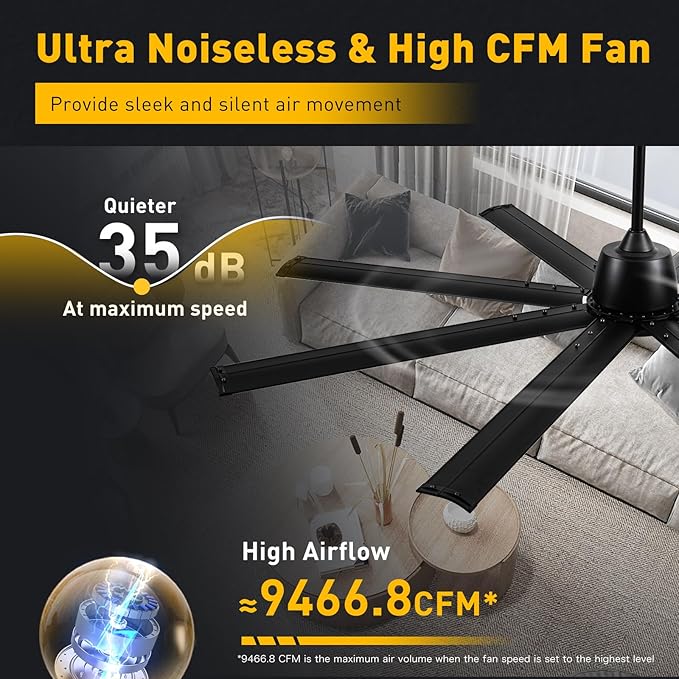 Minislak 72 Inch Black Ceiling Fan No Light with Remote and 8 Aluminum Blades,Industrial DC Motor Quiet Operation,6 Speeds,Large Indoor Outdoor Ceiling Fan for Garage,Patio,Living Room