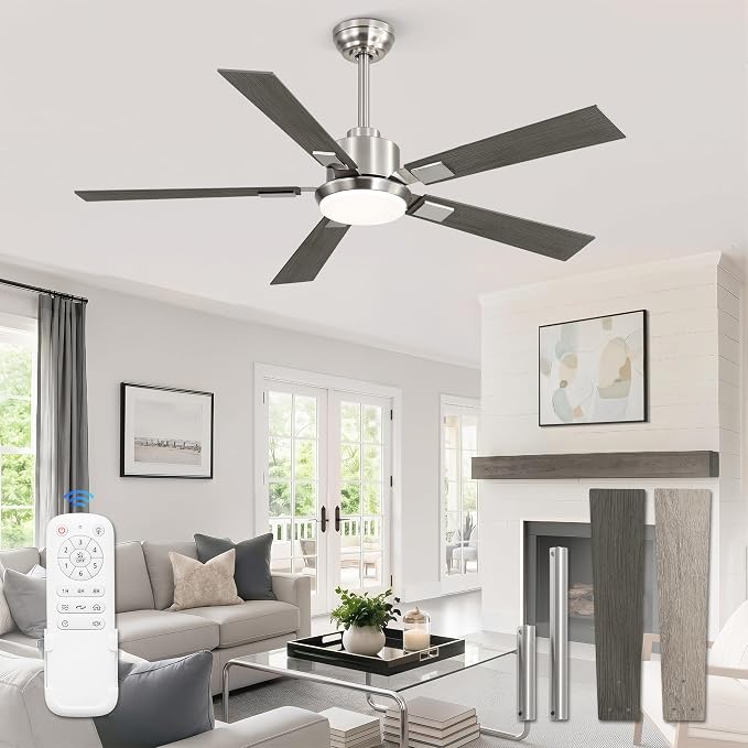 ZMISHIBO 52 inch Brushed Nickel Ceiling Fans with Lights and Remote, Indoor/Outdoor Modern Ceiling Fan for Bedroom Living Room Patio, 6 Speed Reversible Quiet DC Motor, 3 CCT, Dual Finish Blades