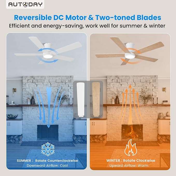 52 Inch Low Profile Ceiling Fan with Light, White Ceiling Fans with Lights and Remote, Flush Mount, 6 Speeds Reversible Quiet DC, 3CCT Dimmable, Indoor Outdoor Ceiling Fans for Patios Bedroom