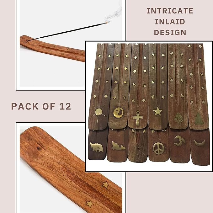 Vrinda® Handmade Wooden Incense Stick Holder with Assorted Inlaid Design –Incense Stick Burner - Ideal for Aromatherapy, Meditation - Ornamental piece for Home, Office Decor 10"(Pack of 12)