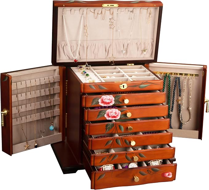 Hand-Painted Wooden Jewelry Box,jewelry boxes for women，jewlrey box&organizers with necklace hanger,jewerly organizer,10-layer large capacity jewelry storage box for jewelry
