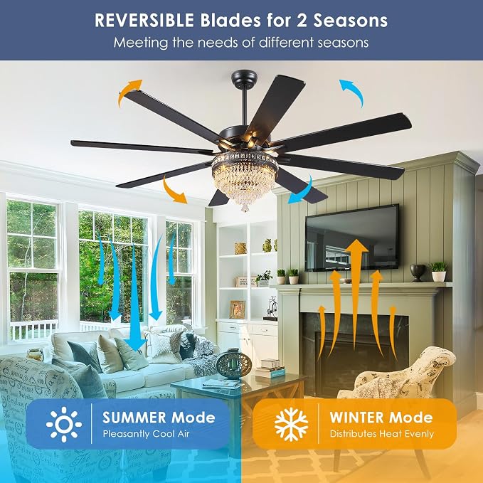 72 Inch Black Large Crystal Chandelier Ceiling Fans with Lights and Remote | Supports Remote and APP,6 Reversible Wind Speeds,60W Quiet AC Motor,8 Wooden Blades,4*E12 LED Bulbs Included,for Living Room