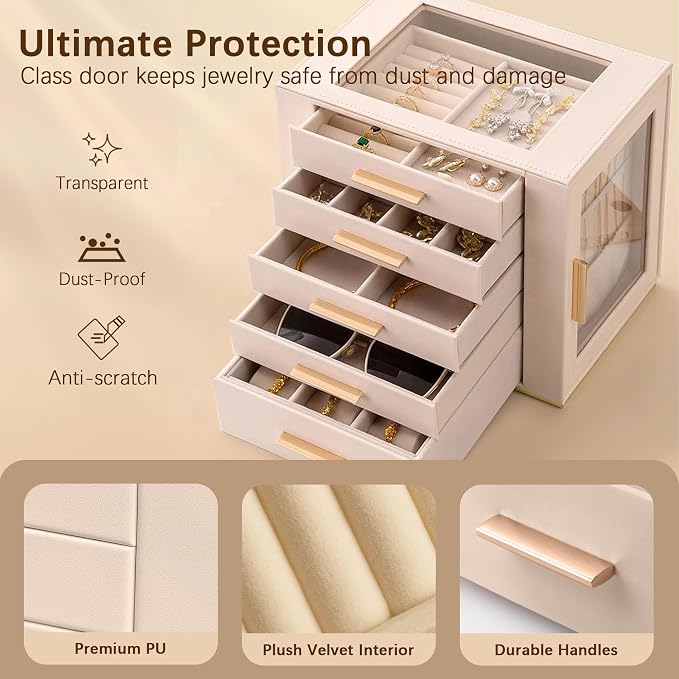 Homeanda Jewelry Box for Women with Glass Lid, 5 Drawers Jewelry Organizer and Storage for Necklaces, Rings, Earrings, Bracelets, Gift for Girls and Teens,PU Leather (Beige)