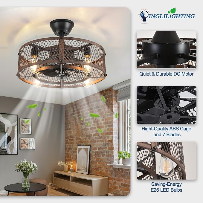 DLLT Caged Ceiling Fan with Lights: 20" Farmhouse Fandelier with Light and Remote - Walnut Industrial Chandelier Fan Light for Bedroom Living Dining Room Kitchen