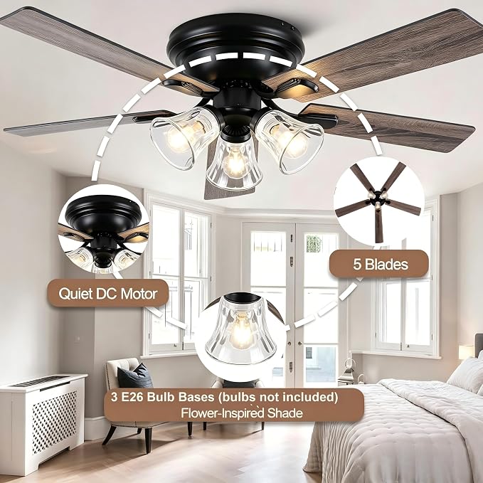 60" Vintage Ceiling Fan with Lights Remote, Flush Mount Fandelier | Farmhouse Ceiling Fan 3-Lights Rustic Chandelier for Living Room Bedroom, 3 E26 Bulb Bases Reversible Quiet DC Motor 6 Speeds