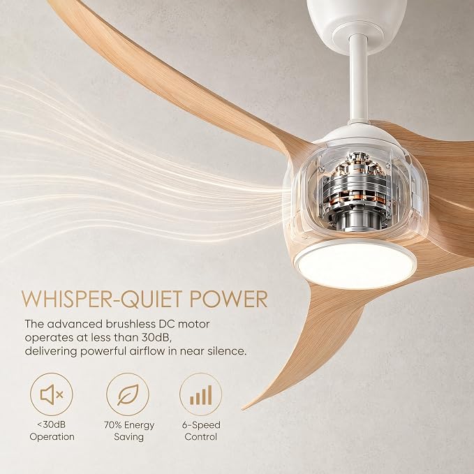 52 inch Ceiling Fan with Light, White/Wood Reversible Blades | Modern Low Profile Flush Mount, 3-Speed Reversible DC Motor, Dimmable 3-Color LED, Remote Control for Bedroom Living Room