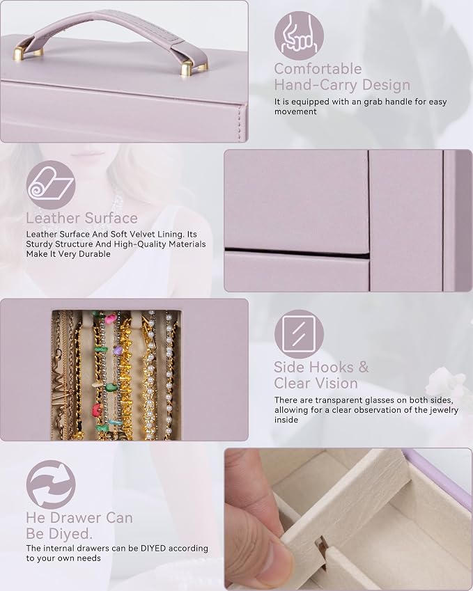 AKOZLIN 6-Tier Jewelry Box Organizer Functional 5 Drawers Leather Jewelry Storage Case for Women Girls Ring Necklace Earring Bracelet Holder Organizer with Mirror XL Purple 360° Rotating
