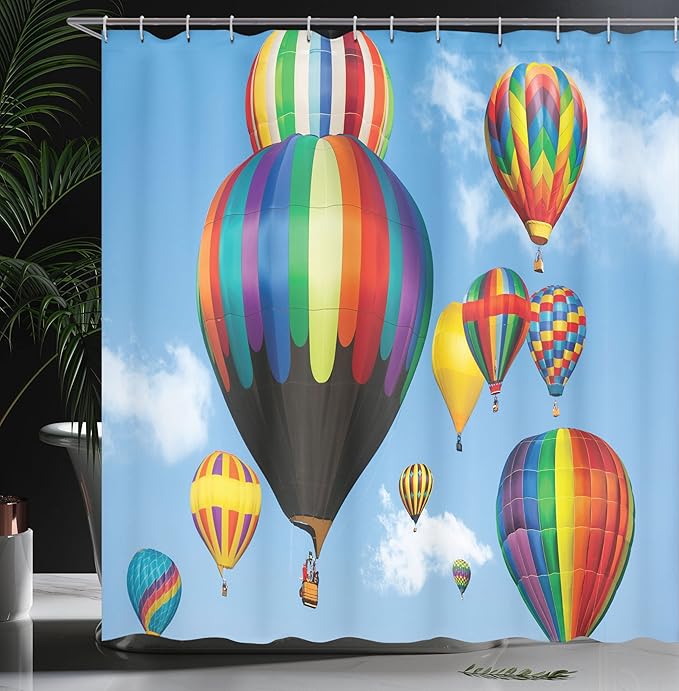 Ambesonne Colorful Shower Curtain, Hot Air Balloons Flying in The Sky Air Sports Adventure Journey Fun Entertainment, Cloth Fabric Bathroom Decor Set with Hooks, 69" W x 70" L, Purple Yellow