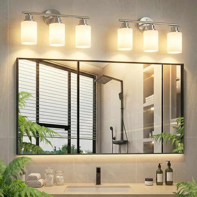Unicozin 3 Light Bathroom Light Fixtures, Modern Vanity Lights with Milky Glass Shade, Brushed Nickel Wall Lamp Over Mirror for Bathroom, Living Room, Cabinet, Bedroom, E26 Base