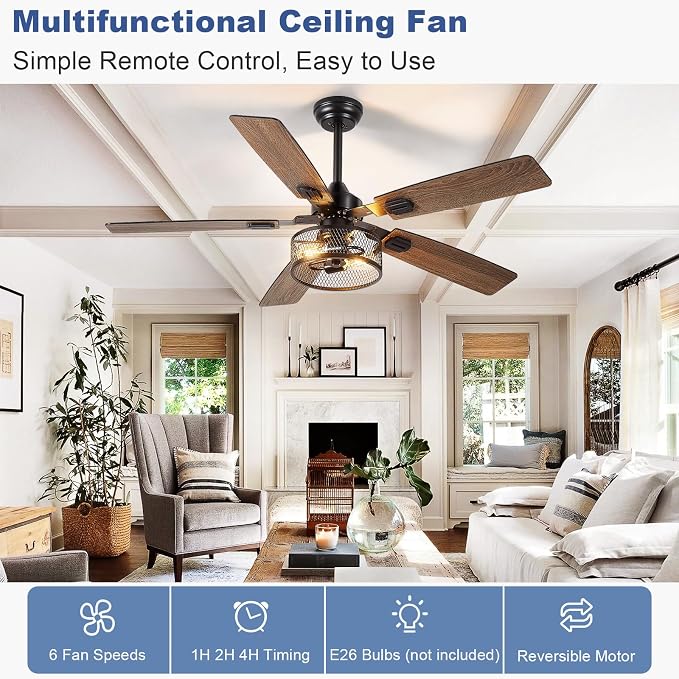 Depuley 52-Inch Ceiling Fans with Lights: Caged Ceiling Fans Dual Finish 5 Blades - Farmhouse Ceiling Fan with Remote Control for Rustic Living Room Outdoor Patio Reversible (Black Walnut)