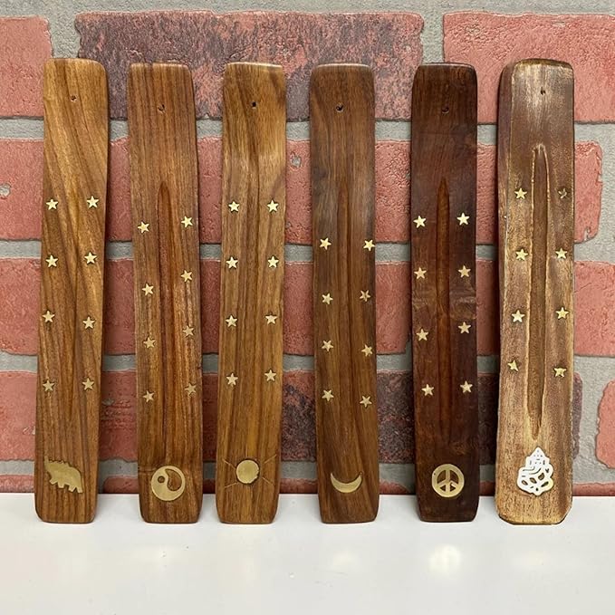 Vrinda® Handmade Wooden Incense Stick Holder with Assorted Inlaid Design –Incense Stick Burner - Ideal for Aromatherapy, Meditation - Ornamental piece for Home, Office Decor 10"(Pack of 12)