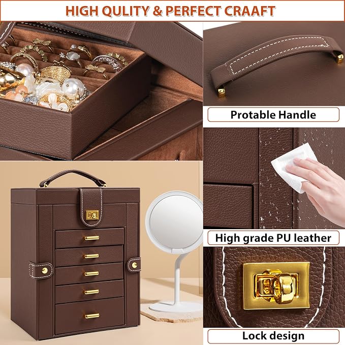 AKOZLIN 6-Tier Jewelry Box Organizer Functional 5 Drawers Leather Jewelry Storage Case for Women Girls Ring Necklace Earring Bracelet Holder Organizer with Mirror Brown Regular
