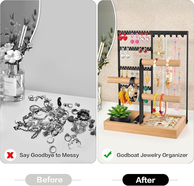 Godboat Jewelry Stand - 48 Holes Earring Holder, 4-Tier Necklace Organizer | 6 Hooks Jewelry Organizers and Storage, Bracelet Ring Rack with Wood Box, Preppy Gift Room Decor for Teen Girls Women, Black