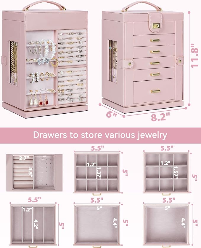 AKOZLIN 6-Tier Jewelry Box Organizer Functional 5 Drawers Leather Jewelry Storage Case for Women Girls Ring Necklace Earring Bracelet Holder Organizer with Mirror Pink 360° Rotating