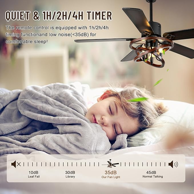 52" Adjustable Wood Grain Iron Cage Ceiling Fans with Lights | Industrial Farmhouse Ceiling Fan with 5 Reversible Dual-Color Blades,DC Quiet Motor,6 Speeds,Timer for Bedroom Living Room