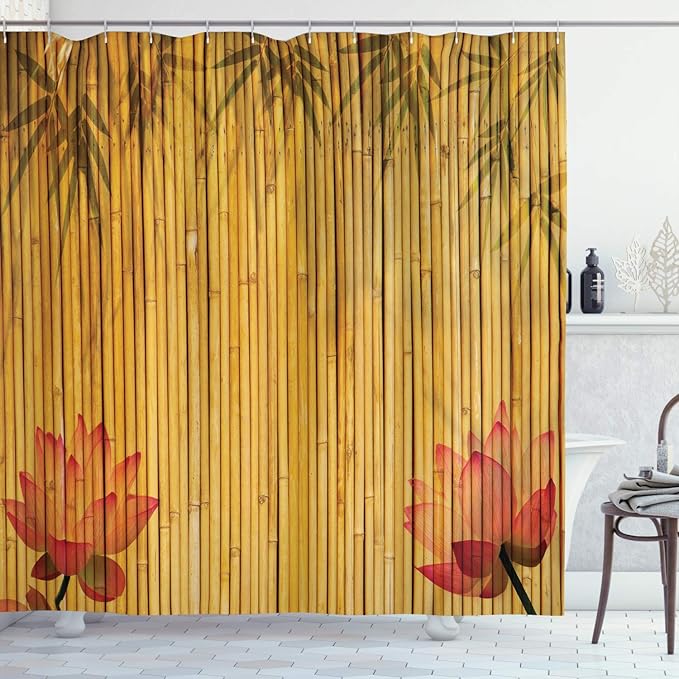 Ambesonne Asian Themed Shower Curtain, Chinese Concept Flower Silhouettes and Shadow Look Eastern Tropical Exotic, Cloth Fabric Bathroom Decor Set with Hooks, 69" W x 75" L, Mustard