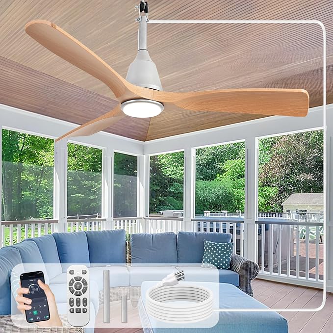 Depuley Outdoor Ceiling Fan with Lights: 52" Silver Gazebo Fans Outdoor Hanging with Remote APP Control - Plug in Waterproof Fans with Light for Patio Porch Reversible Wood Blades 3CCT 6 Speeds Timer