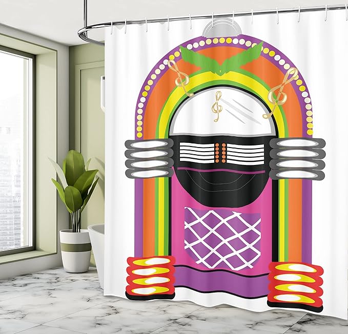 Ambesonne Jukebox Shower Curtain, Cartoon Vivid Design Vintage Music Notes Radio Box Art, Cloth Fabric Bathroom Decor Set with Hooks, 69" W x 84" L, Orange Purple and Green