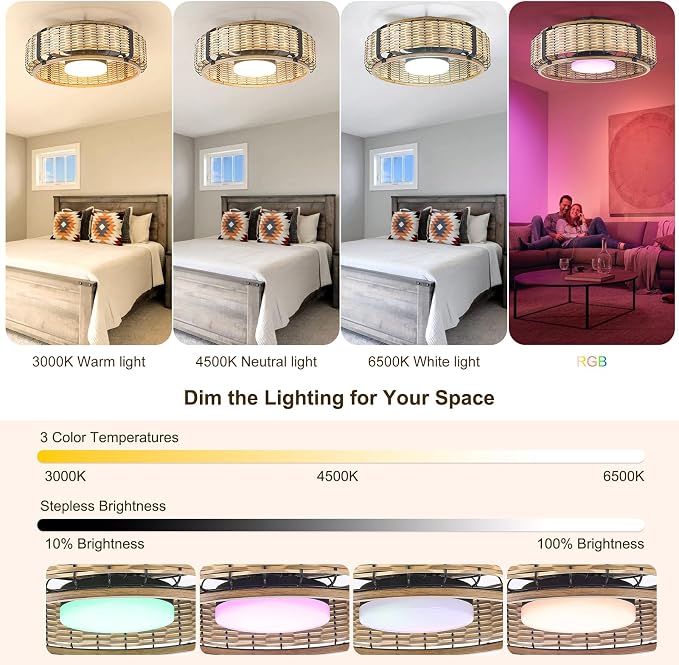 Ganeed 20" Bamboo LED Dimmable Ceiling Fan with Light and Remote Control, Boho Rattan Caged Ceiling Fans with Lights 6 Speed/Timer/RGB Flush Mount Fandelier for Kitchen Living Room Indoor Bedroom