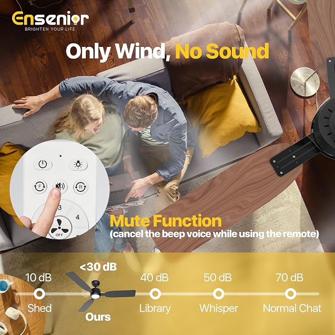Ensenior 52 Inch Ceiling Fan with Light and Remote, Modern Black Ceiling Fans with 3 Reversible Wood Blades, Quiet DC Motor, 6-Speed, Memory Function, Farmhouse Ceiling Fan for Bedroom Living Room