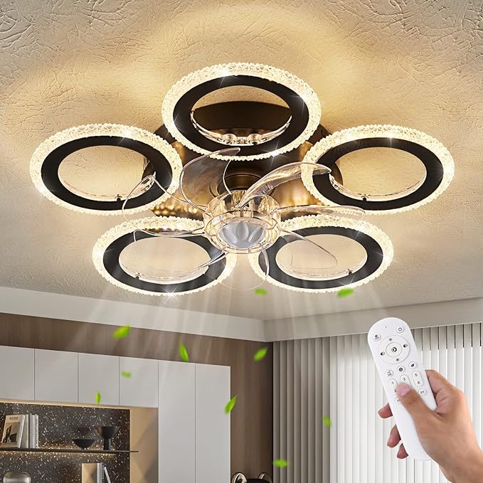 Dalouguan Ceiling Fan with Lights Remote Control, 20" Black Personality Geometric 6 Speeds 3 Light Color Low Profile Flush Mount Ceiling Fan for Kitchen Bedroom