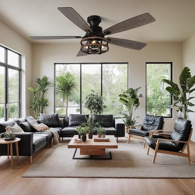 52" Flush Mount Farmhouse Ceiling Fan with Light & Remote Control | Rustic Caged Chandelier Ceiling Fan with 5 Double Colour Blades Reversible DC Motor, for Living Room,Dining Room,Bedroom