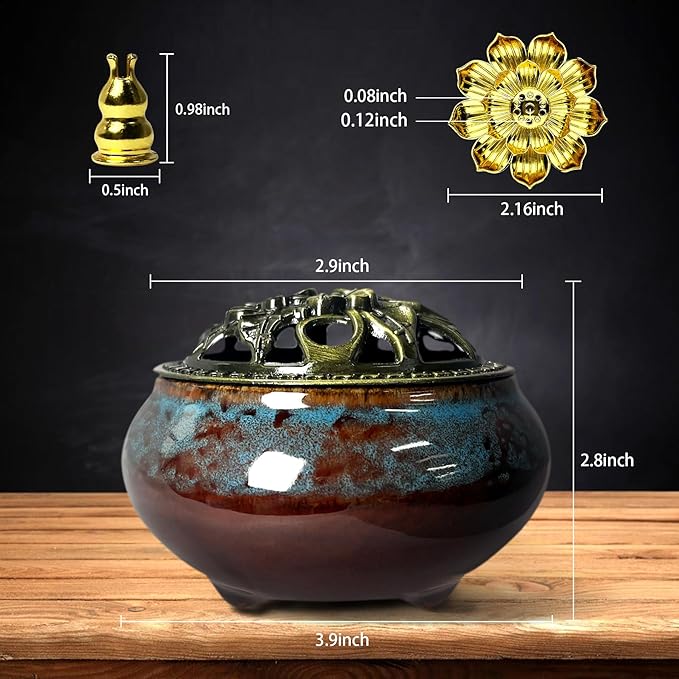 Ceramic Incense Burner, Bowl Burner,Cone Incense Burner with Brass lid for use with Stick or Cone-Shaped Incense，Lotus Incense Stick Holder Calabash Incense Stick Holder, 3pc (Fambe Blue)