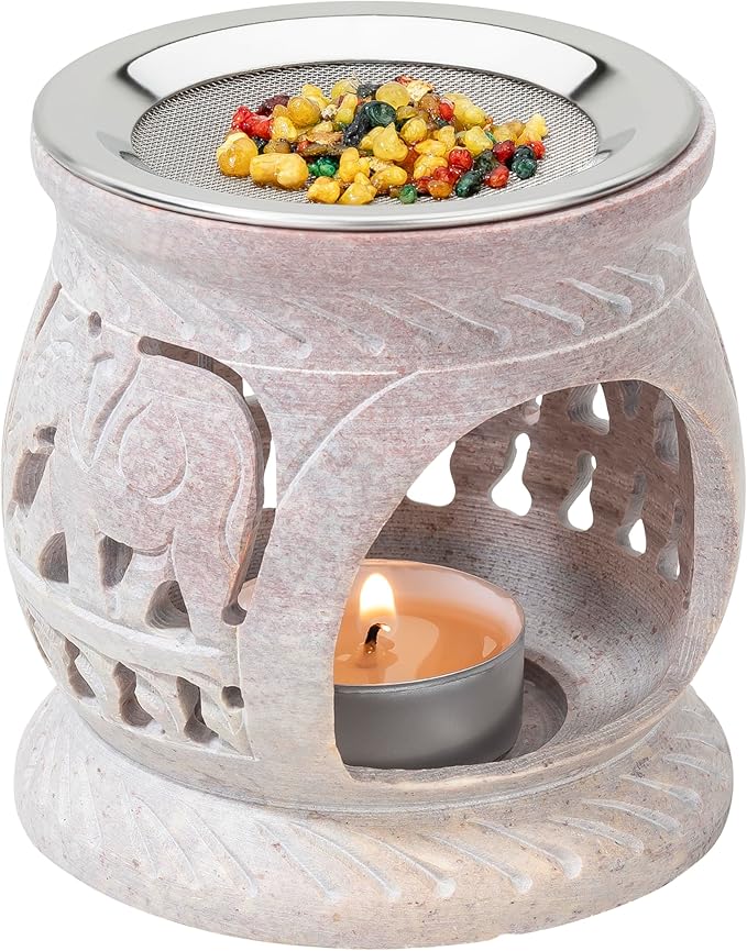 Soapstone Incense Burner with Strainer | 3.34 Inch Height & 3.15 Inch Diameter | Handmade Natural Stone Incense Holder for Gentle Aromatherapy with Tea Light | Decorative Meditation Accessory