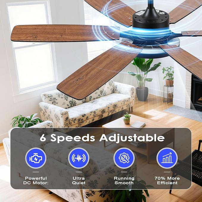 Hounberi 52 Inch Ceiling Fans with Lights and Remote, Modern Black Ceiling Fan with Light, Quiet DC Reversible Motor, 3CCT Dimmable, Modern Indoor Outdoor Ceiling Fan for Bedroom, Living Room