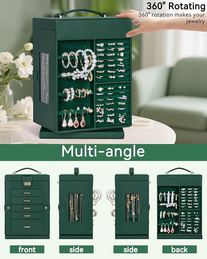 AKOZLIN 6-Tier Jewelry Box Organizer Functional 5 Drawers Leather Jewelry Storage Case for Women Girls Ring Necklace Earring Bracelet Holder Organizer with Mirror Green 360° Rotating
