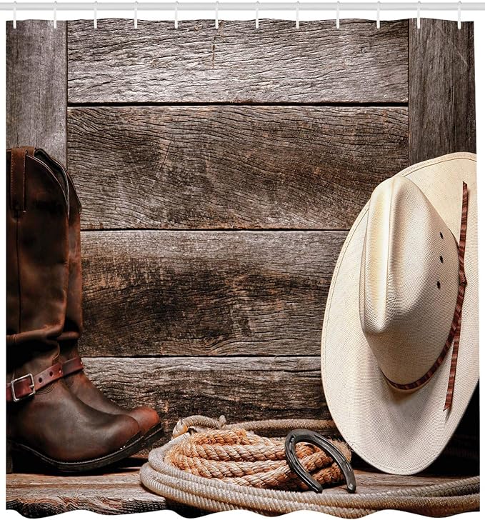 Ambesonne Western Shower Curtain, American West Rodeo Traditional Straw Cowboy Hat Leather Boots Print, Cloth Fabric Bathroom Decor Set with Hooks, 69" W x 75" L, Brown Tan