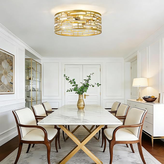 Flush Mount Ceiling Fans Lights: 18.9'' Caged Low Profile Fandelier with Remote/6 Speeds/Timer Gold Crystal Modern Chandelier Fan Light Bedroom Ventilador de Techo for Kitchen Living Dining Room Foyer