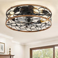 LEDIARY 20 Inch Caged Ceiling Fans with Lights, Farmhouse Flush Mount Ceiling Fan with Remote, Black&Walnut Low Profile Ceiling Fan Light Fixture for Bedroom, Kitchen, Dining Room