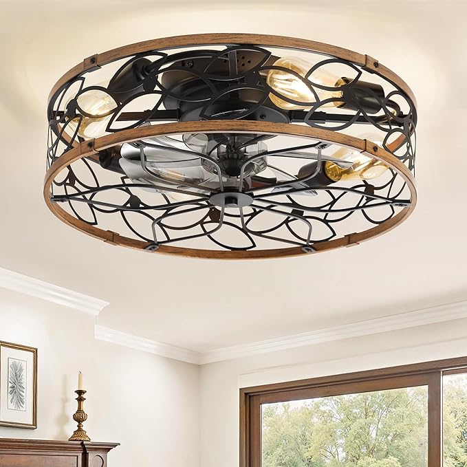 LEDIARY 20 Inch Caged Ceiling Fans with Lights, Farmhouse Flush Mount Ceiling Fan with Remote, Black&Walnut Low Profile Ceiling Fan Light Fixture for Bedroom, Kitchen, Dining Room
