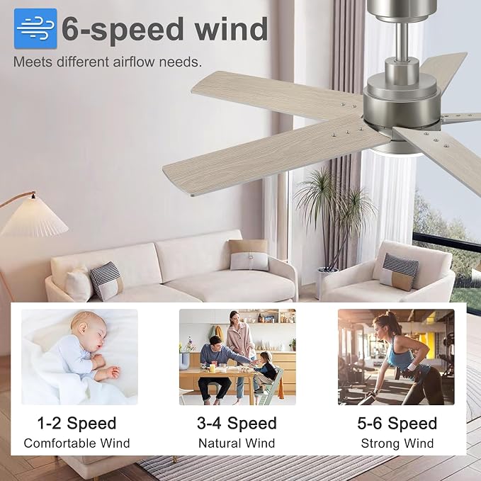52 Inch Brushed Nickel Ceiling Fan with Light and Remote Control,Dimmable 3 Color Temperatures LED Ceiling Fan,6 Speeds Reversible DC Motor,5 Blades Modern Ceiling Fans for Indoor or Covered Outdoor