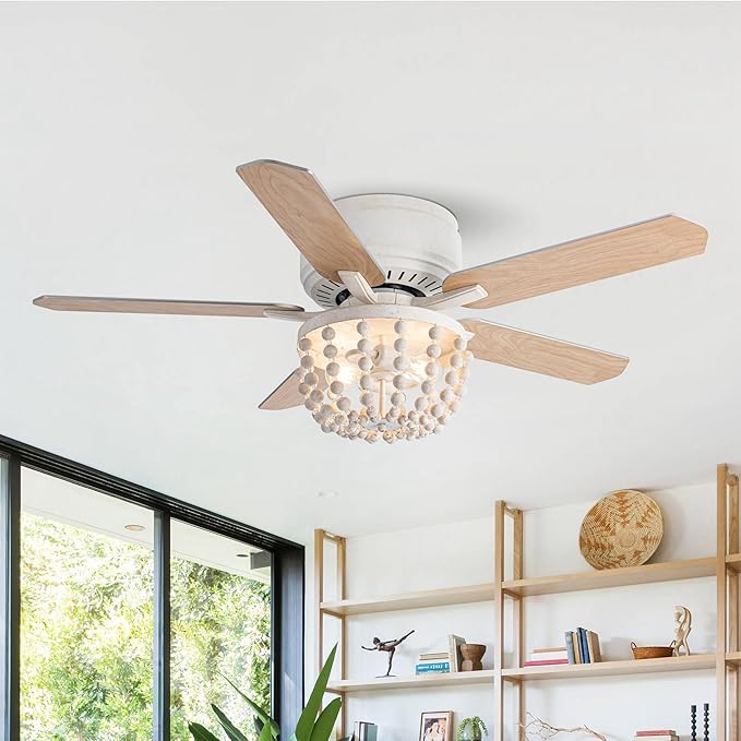 Boho Ceiling Fans with Lights, 48 Inch Flush Mounted Ceiling Fan with Remote Control and Wood Beaded Shade, 3 Speeds & Reversible Motor, 5 Double-Sided Blades for Bedroom Living Room